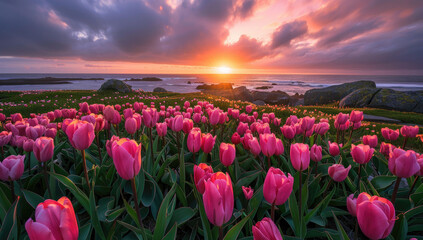 A field of pink tulips on the edge of an ocean, with a beautiful sunset in the background. Created with Ai