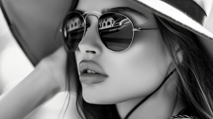 Naklejka premium Elegant Woman Wearing Hat And Sunglasses With Urban Reflection In Lenses