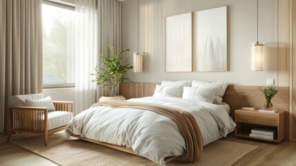 A minimal bedroom with a clean design,  neutral tones,  and modern decor