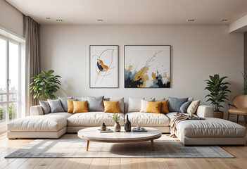 A living room with a couch and pictures on the wall