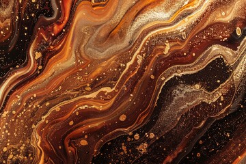 Abstract fluid art background dark golden and copper colors. Liquid marble. Acrylic painting on...