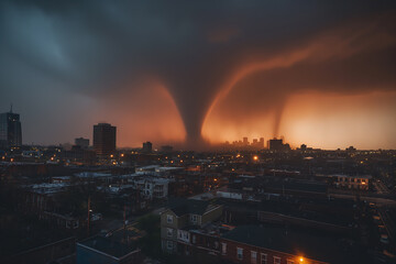 Fototapeta premium Massive Tornado Touching Down Near City Skyline Captivating Image of Urban Nature's Wrath in Action