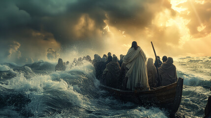 Jesus calming the storm on the Sea of Galilee, standing at the bow of a small boat with his disciples looking on in awe. The scene captures the dramatic moment as the raging waters and dark skies 