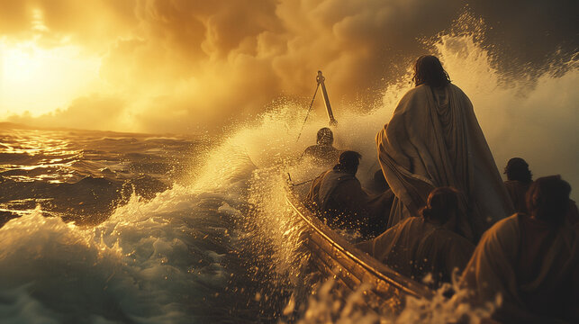 Jesus calming the storm on the Sea of Galilee, standing at the bow of a small boat with his disciples looking on in awe. The scene captures the dramatic moment as the raging waters and dark skies 