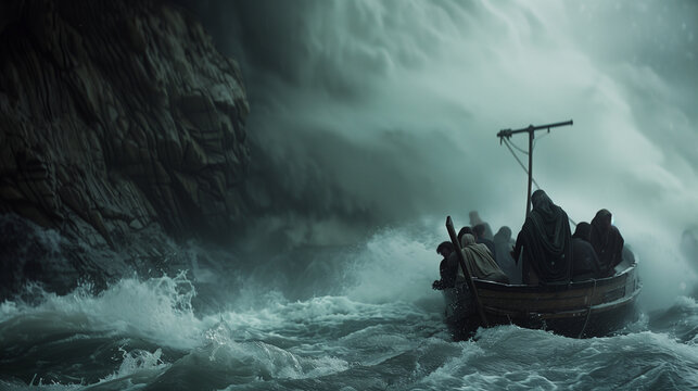 Jesus calming the storm on the Sea of Galilee, standing at the bow of a small boat with his disciples looking on in awe. The scene captures the dramatic moment as the raging waters and dark skies 