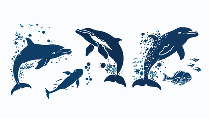 Four of sea animal silhouette on white background. 