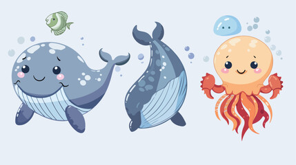 Four of sea animals  whale seal crab jellyfish seaho