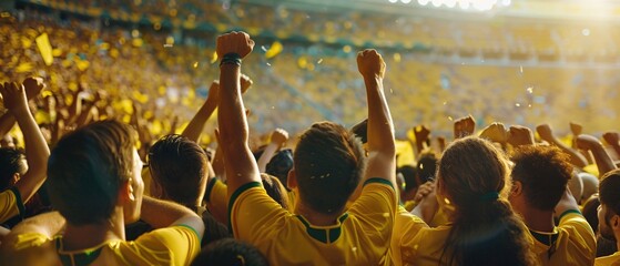 group of fans dressed in yellow color watching a sports event in the stands of a stadium. people cheering and celebrating together in the stadium .