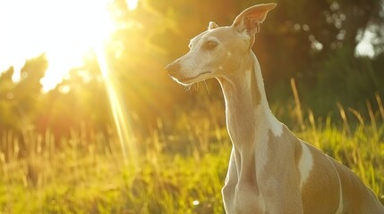  A close-up of a dog in a field of grass Sun shines through the trees behind, tall grasses covered in the background