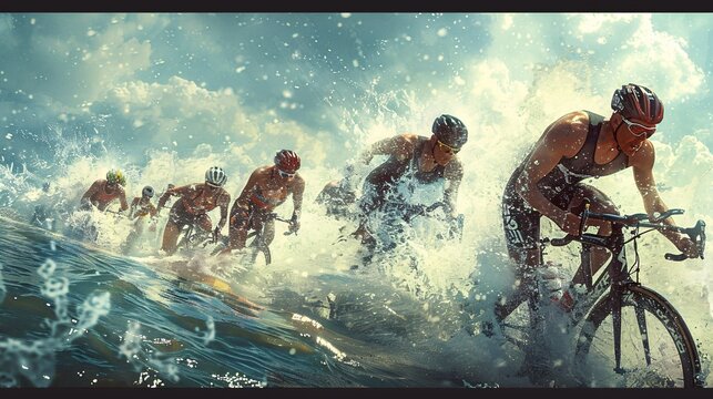 A demanding and exhilarating moment in a triathlon, capturing the endurance, versatility, and determination of the athletes as they swim, bike, and run, with a supportive crowd and scenic backdrop.