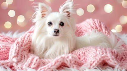  A small white dog lies on a pink blanket, covered by a white one A pink and white bolster of lights forms the background