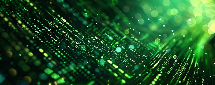 Abstract binary code with green glowing light bokeh on dark background