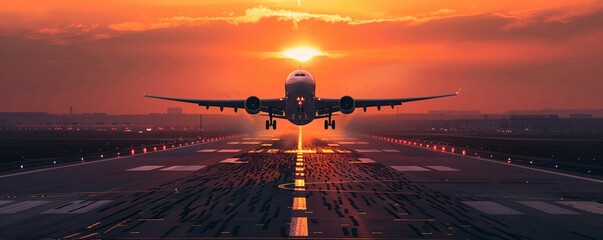 Airplane taking off at sunset with illuminated runway view