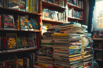 A stack of graphic novels in the library


