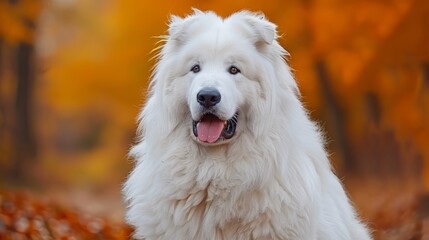  A large white dog stands before a forest ablaze with orange and yellow leaves Its mouth is agape, and its tongue extends from within