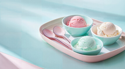 Pastel Ice Cream Bowls on Pink Tray with Spoons