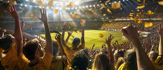 group of fans dressed in yellow color watching a sports event in the stands of a stadium. people cheering and celebrating together in the stadium .