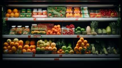 Obraz premium Bright and colorful grocery store showcase close-up display for advertising and promotion campaign