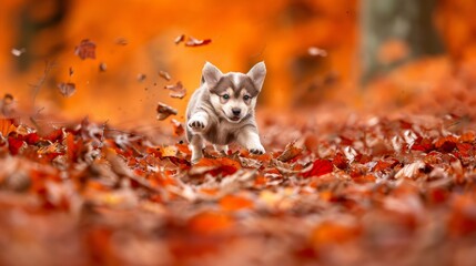 Fototapeta premium A pup dashing through an orange-red forest foliage, leaves swirling around, backdrop of trees blurred