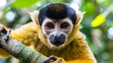 Obraz premium A tight shot of a monkey grasping a tree branch, surrounded by hazy leafy foliage in the background Foreground features a softly focused monkey face