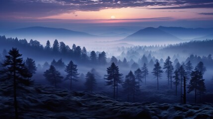 Obraz premium At twilight, the foggy pine forests are nature's lullaby, with the sun's serene serenade painting indigo and amethyst shades