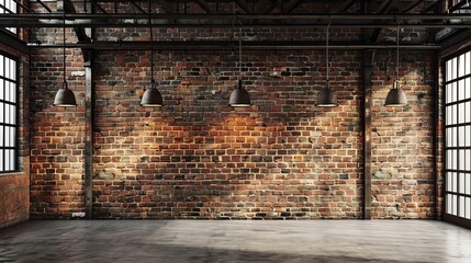 Vintage industrial background with brick wall and lamps in the style of unknown artist.