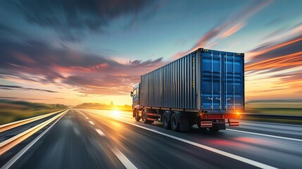 Truck with cargo container driving on highway at sunset. roclogy illustration of industrial commercial transport, shipping and moving service concept. , real photo