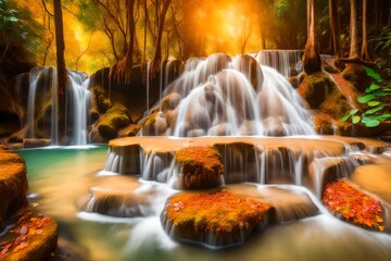 waterfall in autumn in forest in sunrise