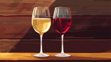 Glasses of white and red wines on wooden table Cartoo