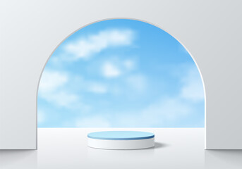 Realistic 3D white cylindrical podium background with curve gate and blue sky wall scene. Minimal mockup or abstract product display presentation, Stage showcase. Platforms vector geometric design.