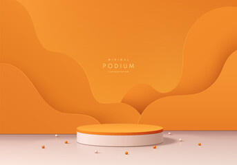 Realistic 3D orange cylindrical podium background with layers wavy shape backdrop wall scene. Minimal mockup or abstract product display presentation, Stage showcase. Platforms vector geometric design