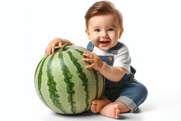 Fototapeta premium happy baby with a large watermelon on a white background