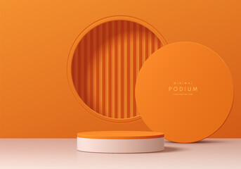 Realistic orange 3D cylindrical podium background with white floor and circle window scene. Minimal mockup or abstract product display presentation, Stage showcase. Platforms vector geometric design.