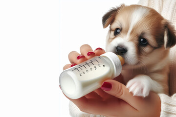 Small puppy being fed from a bottle close up Isolated on white background