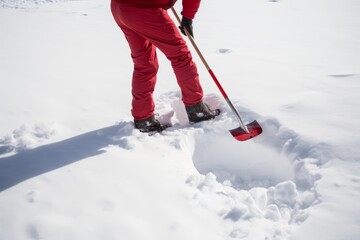 Person using a shovel to clear snow from a driveway during a heavy winter snowstorm