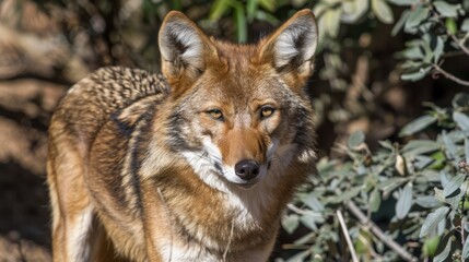 Fototapeta premium A tight shot of a wolf in a forest, surrounded by trees with leafy backgrounds and bushy foregrounds The backdrop softly blurs into a mass of intertwined leaves