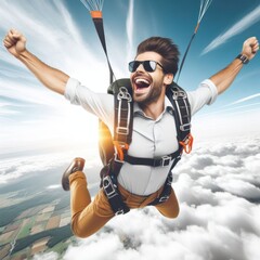 excited happy man skydiving with beautiful blue sky in the background Isolated on white background