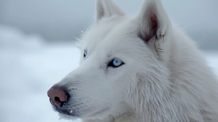  A tight shot of a white pooch with piercing blue eyes gazing into the distant landscape Snow blankets the foreground, while a gloomy gray sky hangs overhead