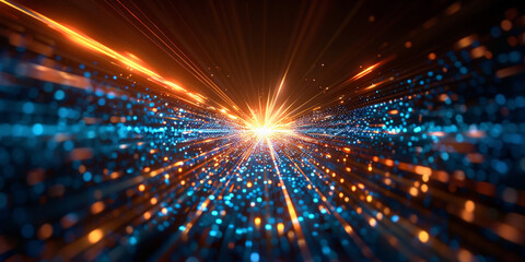Naklejka premium Dynamic burst of light with blue and orange streaks, futuristic abstract background showcasing energetic motion and vibrant illumination in a cosmic space theme.banner 