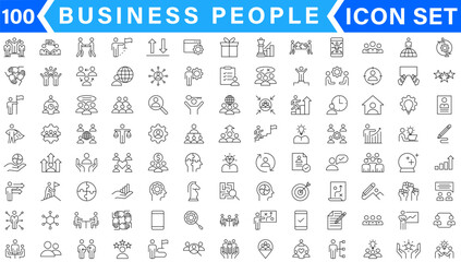 Business people line icons set. Businessman outline icons collection. Teamwork, human resources, meeting, partnership, meeting, work group, success, resume - stock vector.