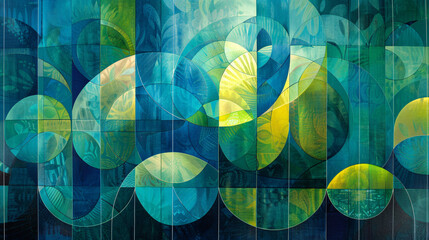 Geometric artwork with blue and green abstract patterns