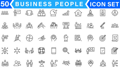 Business people line icons set. Businessman outline icons collection. Teamwork, human resources, meeting, partnership, meeting, work group, success, resume - stock vector.