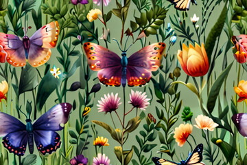 Wildflowers, green wild plants and flying butterflies, seamless pattern with colored flowers, watercolor isolated