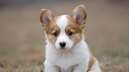  A small brown-and-white dog sits atop a grassy field, its head turned to one side, and ears slightly tilted in that direction