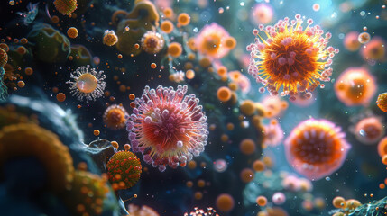 A vibrant depiction of microscopic organisms or viruses floating in a dynamic, colorful environment.