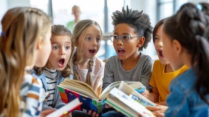 Diverse group of children reading books and looking surprised.