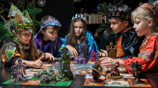 Kids are playing a fantasy game with figurines on a table.