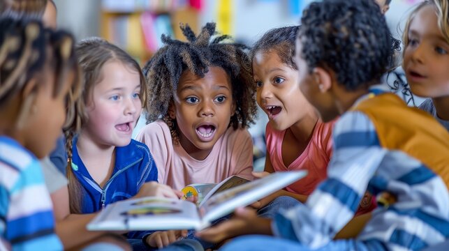 Diverse group of children reading a book together and looking surprised.