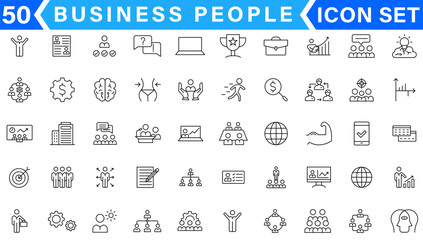 Business people line icons set. Businessman outline icons collection. Teamwork, human resources, meeting, partnership, meeting, work group, success, resume - stock vector.