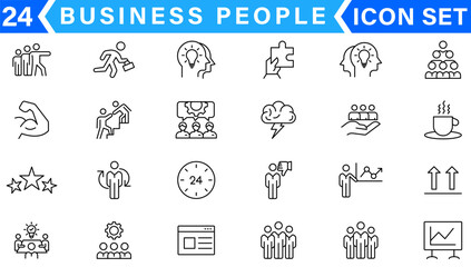 Business people line icons set. Businessman outline icons collection. Teamwork, human resources, meeting, partnership, meeting, work group, success, resume - stock vector.